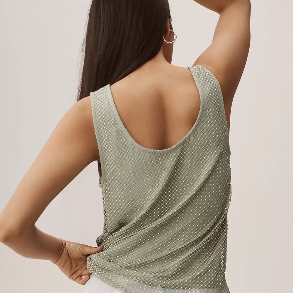 NWT Anthropologie Sunday In Brooklyn Green Rhinestone Mesh Tank Medium - Picture 4 of 4